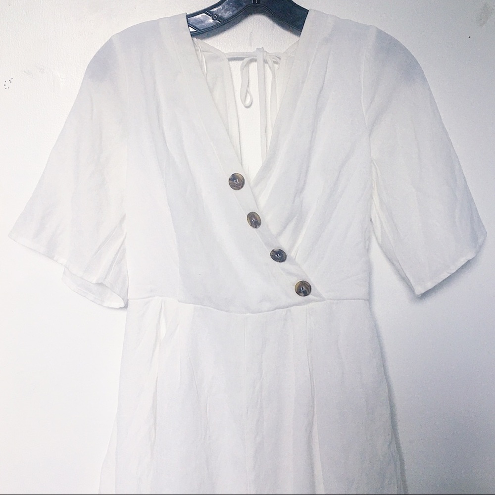 White Faux Wrap Romper with Button Detailing